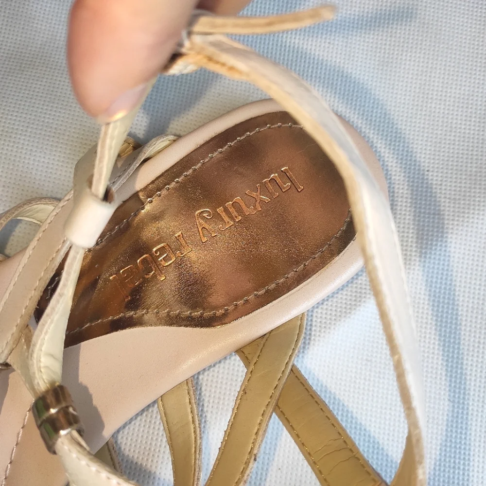 Luxury Rebel Blush Leather Designer Strappy Low Wedge Sandal